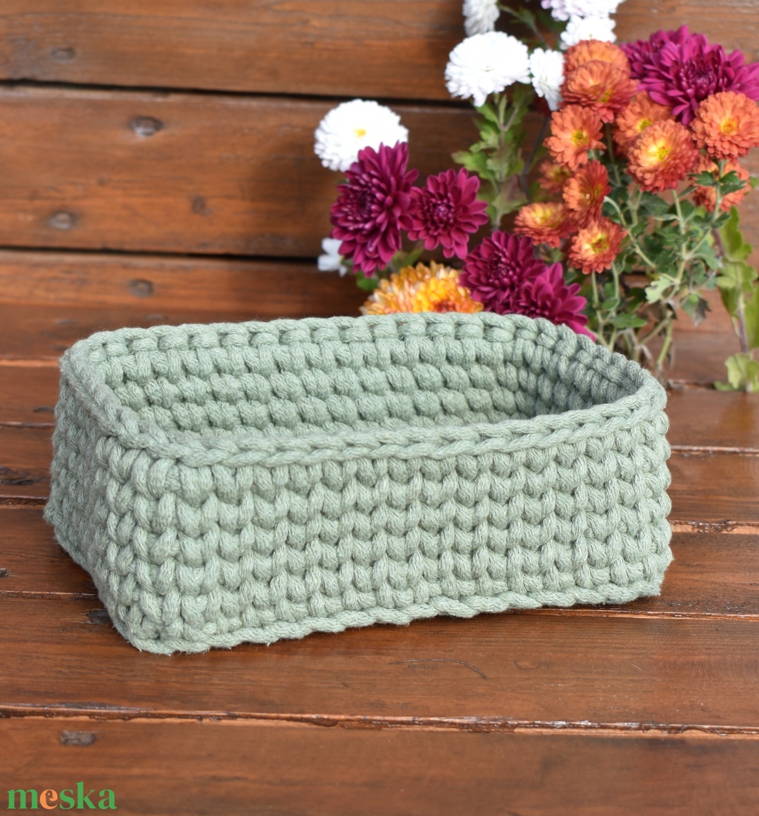 Horgolt mini kosár - zsálya  - otthon & életmód - tárolás & rendszerezés - tárolókosár - Meska.hu