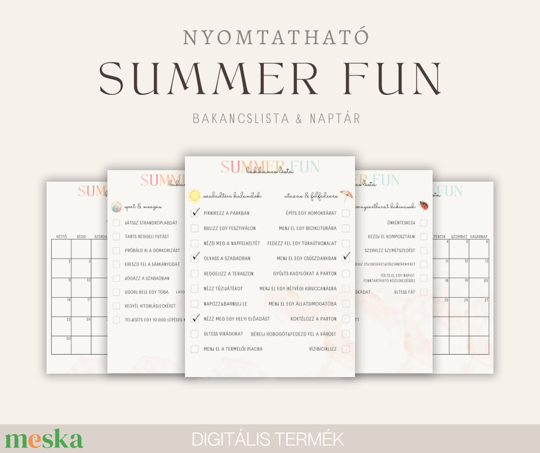 SUMMER FUN nyári bakancslista és naptár felnőtteknek - Nyomtatható, Digitális termék  - otthon & életmód - papír, írószer - naptár & tervező - Meska.hu