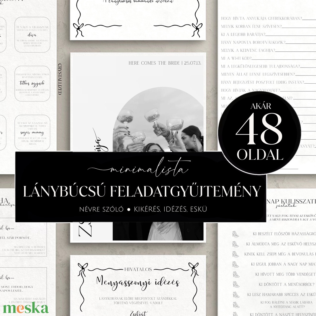 Lánybúcsú feladatgyűjtemény - ULTIMATE FULLPACK - 48 oldalas nyomtatható PDF - Személyre szabott, minimalista dizájn - esküvő - lánybúcsú - Meska.hu