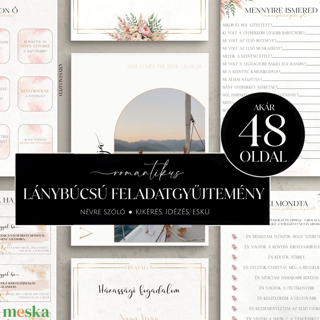 Lánybúcsú feladatgyűjtemény - ULTIMATE FULLPACK - 48 oldalas nyomtatható PDF - Személyre szabott, romantikus dizájn - esküvő - lánybúcsú - Meska.hu
