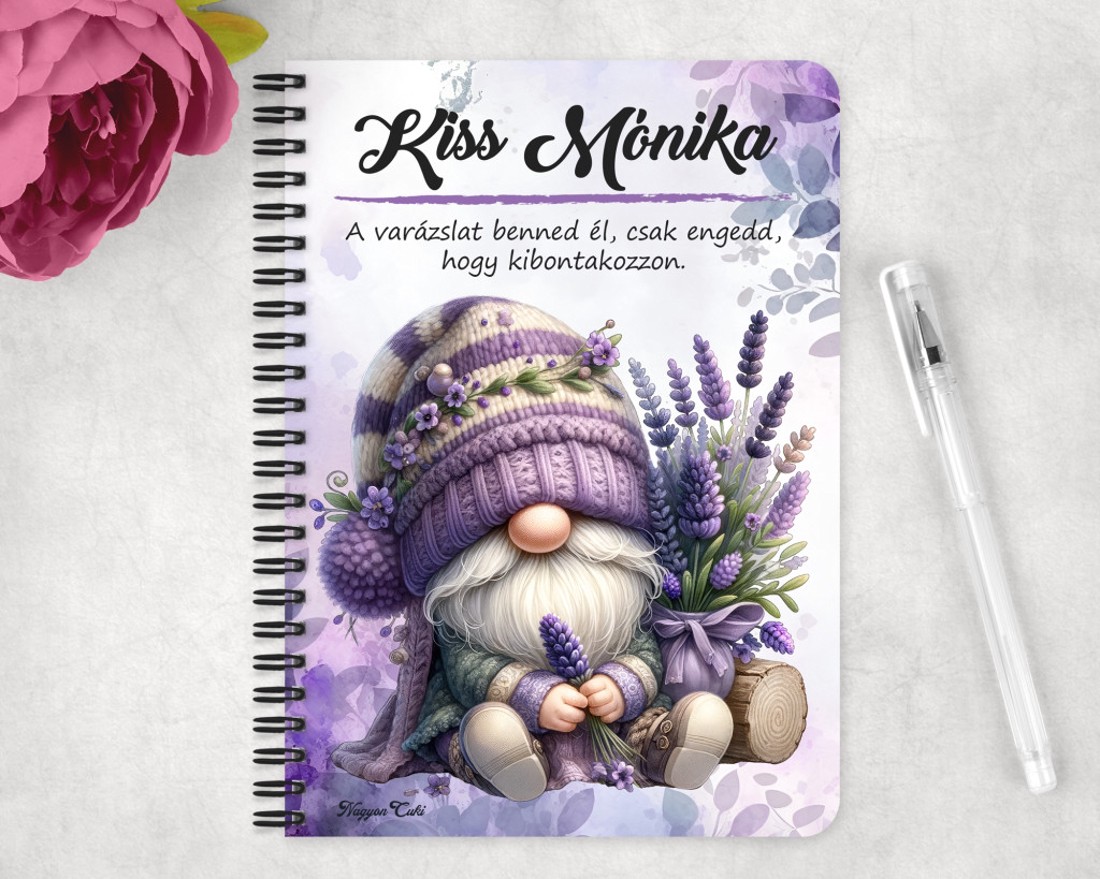Személyre szabható - Tündéri Levendulás manó mintás A6-os füzet - otthon & életmód - papír, írószer - jegyzetfüzet & napló - Meska.hu