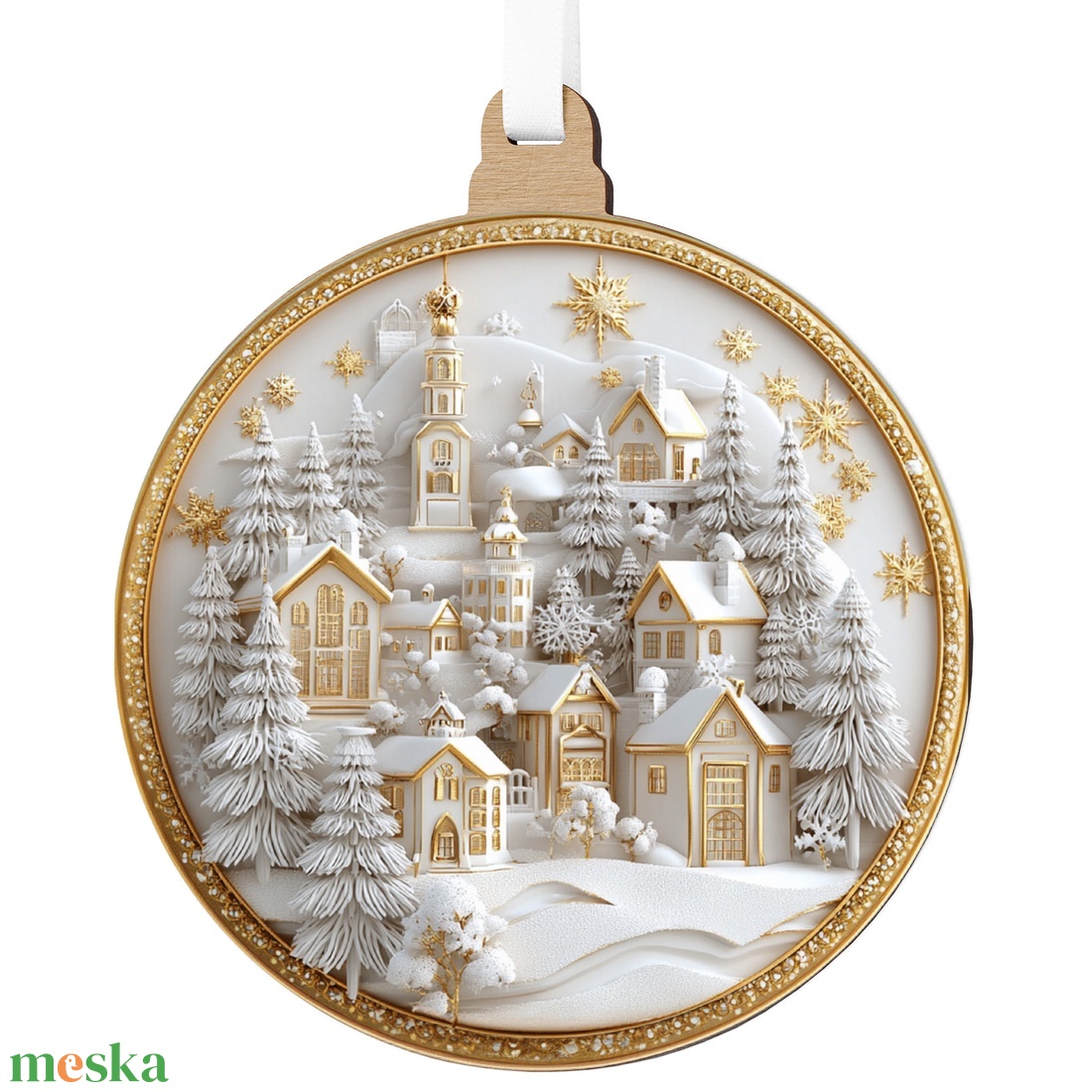 Fehérarany karácsonyfadísz havas falucskával és arany díszkerettel - karácsony - karácsonyi lakásdekoráció - karácsonyfadíszek - Meska.hu