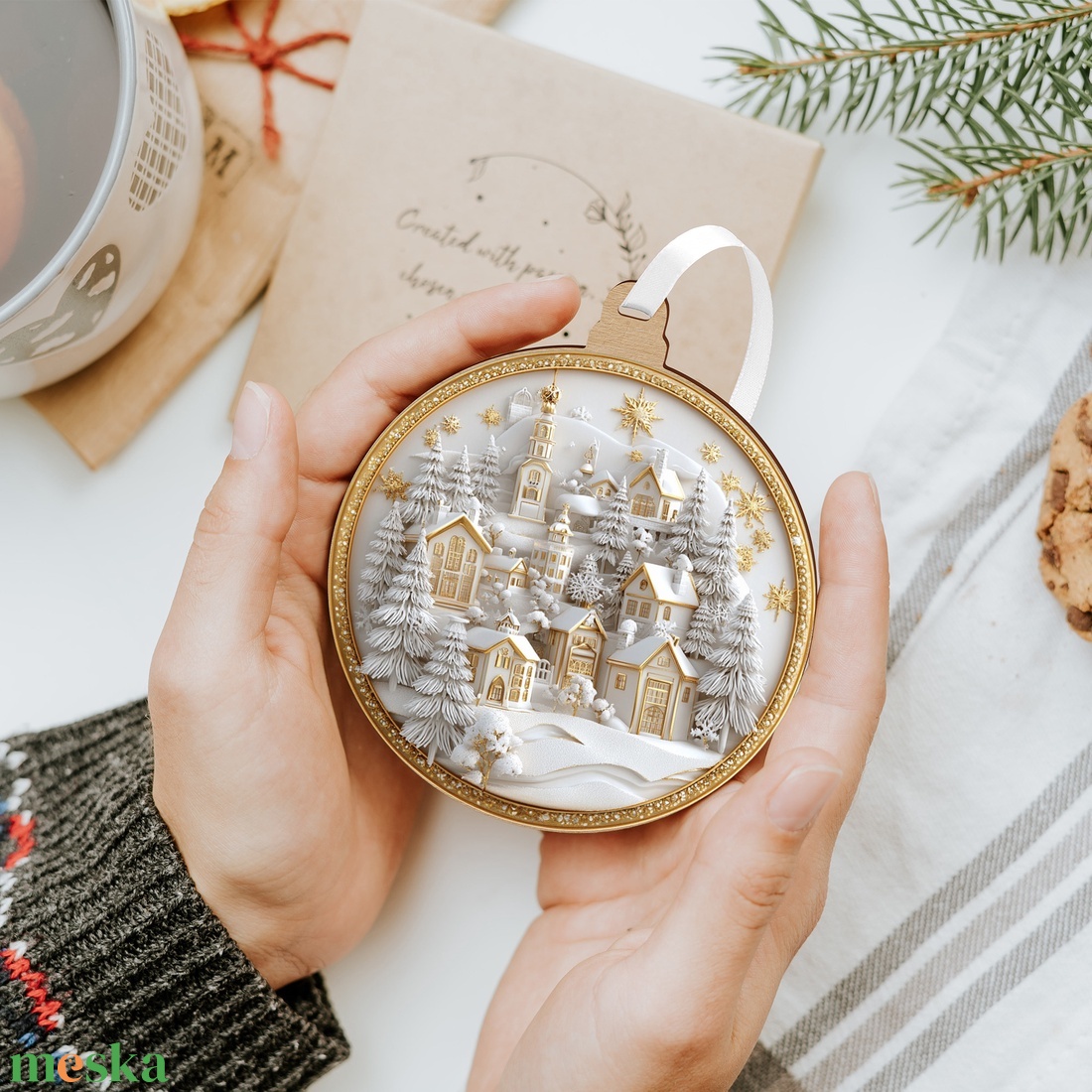 Fehérarany karácsonyfadísz havas falucskával és arany díszkerettel - karácsony - karácsonyi lakásdekoráció - karácsonyfadíszek - Meska.hu