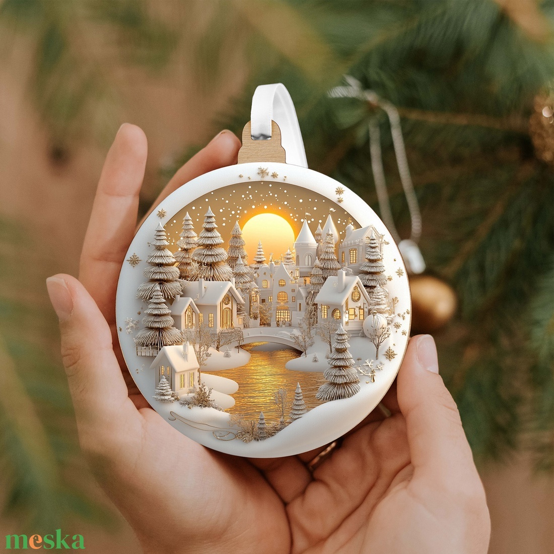 Fehérarany karácsonyfadísz nagy holdas téli tájjal - karácsony - karácsonyi lakásdekoráció - karácsonyi falu, házikó - Meska.hu