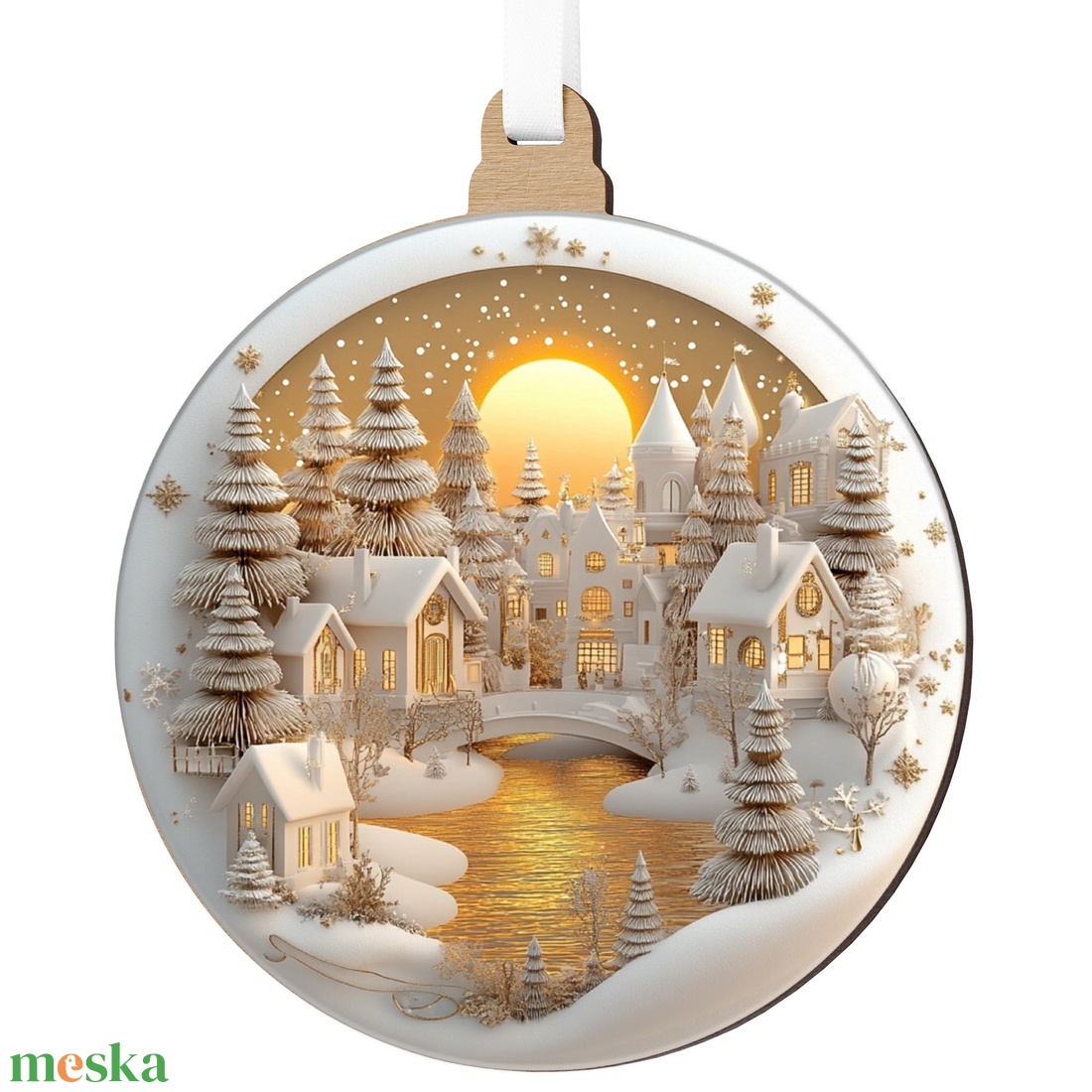 Fehérarany karácsonyfadísz nagy holdas téli tájjal - karácsony - karácsonyi lakásdekoráció - karácsonyi falu, házikó - Meska.hu