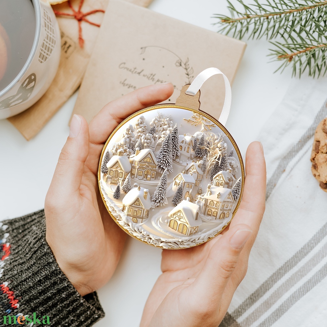 Fehérarany karácsonyfadísz csillagos díszítőmintával - karácsony - karácsonyi lakásdekoráció - karácsonyi lakásdíszek - Meska.hu