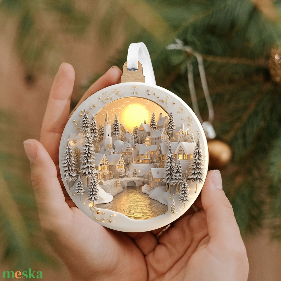 Fehérarany havas falu karácsonyfadísz holdfényes háttérrel - karácsony - karácsonyi lakásdekoráció - karácsonyfadíszek - Meska.hu