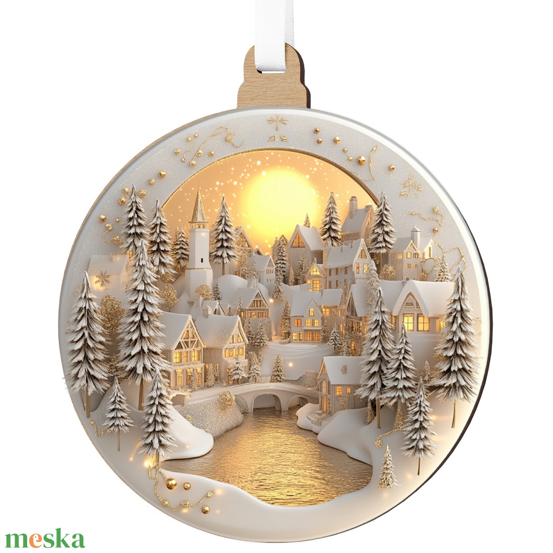 Fehérarany havas falu karácsonyfadísz holdfényes háttérrel - karácsony - karácsonyi lakásdekoráció - karácsonyfadíszek - Meska.hu