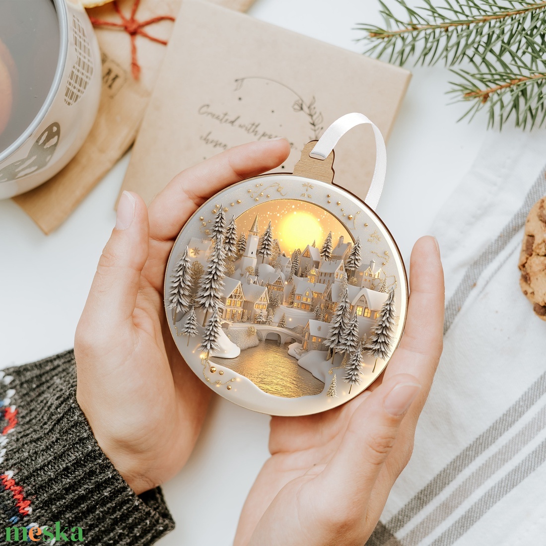 Fehérarany havas falu karácsonyfadísz holdfényes háttérrel - karácsony - karácsonyi lakásdekoráció - karácsonyfadíszek - Meska.hu