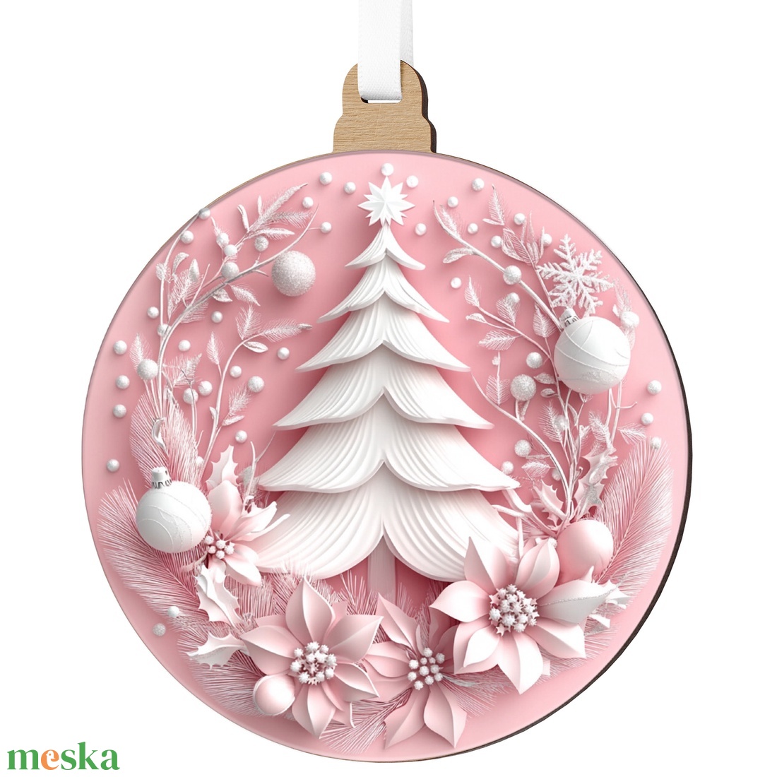 Rózsaszín karácsonyfadísz fehér fenyővel és téli motívumokkal - karácsony - karácsonyi lakásdekoráció - karácsonyfadíszek - Meska.hu