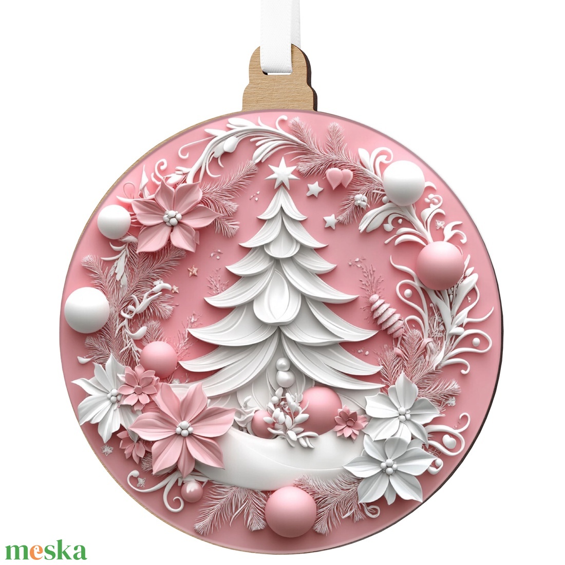 Rózsaszín karácsonyfadísz díszes karácsonyfával és téli hangulattal - karácsony - karácsonyi lakásdekoráció - karácsonyfadíszek - Meska.hu