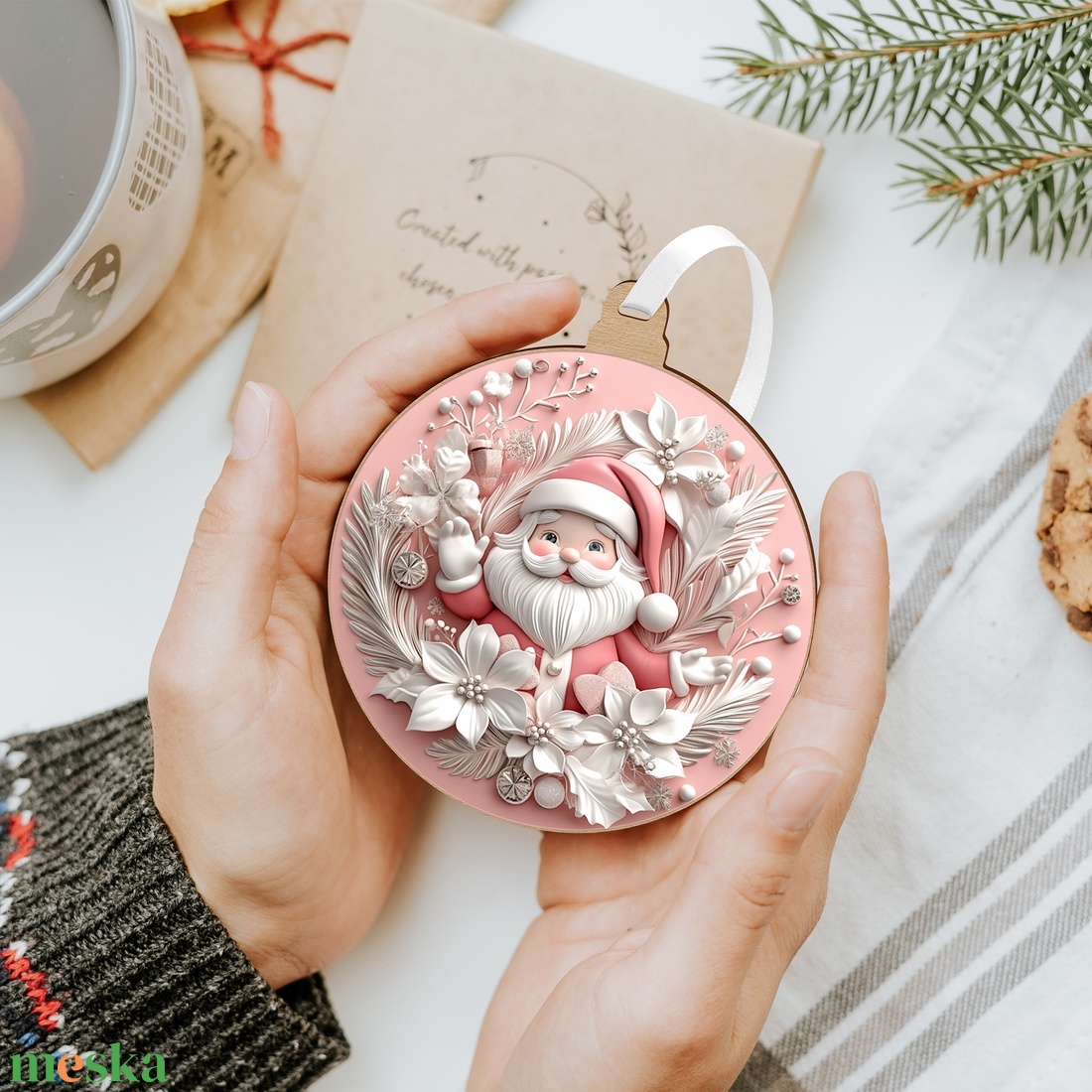 Rózsaszín karácsonyfadísz kedves Mikulás figurával - karácsony - mikulás - mikulás beltéri dekoráció - Meska.hu