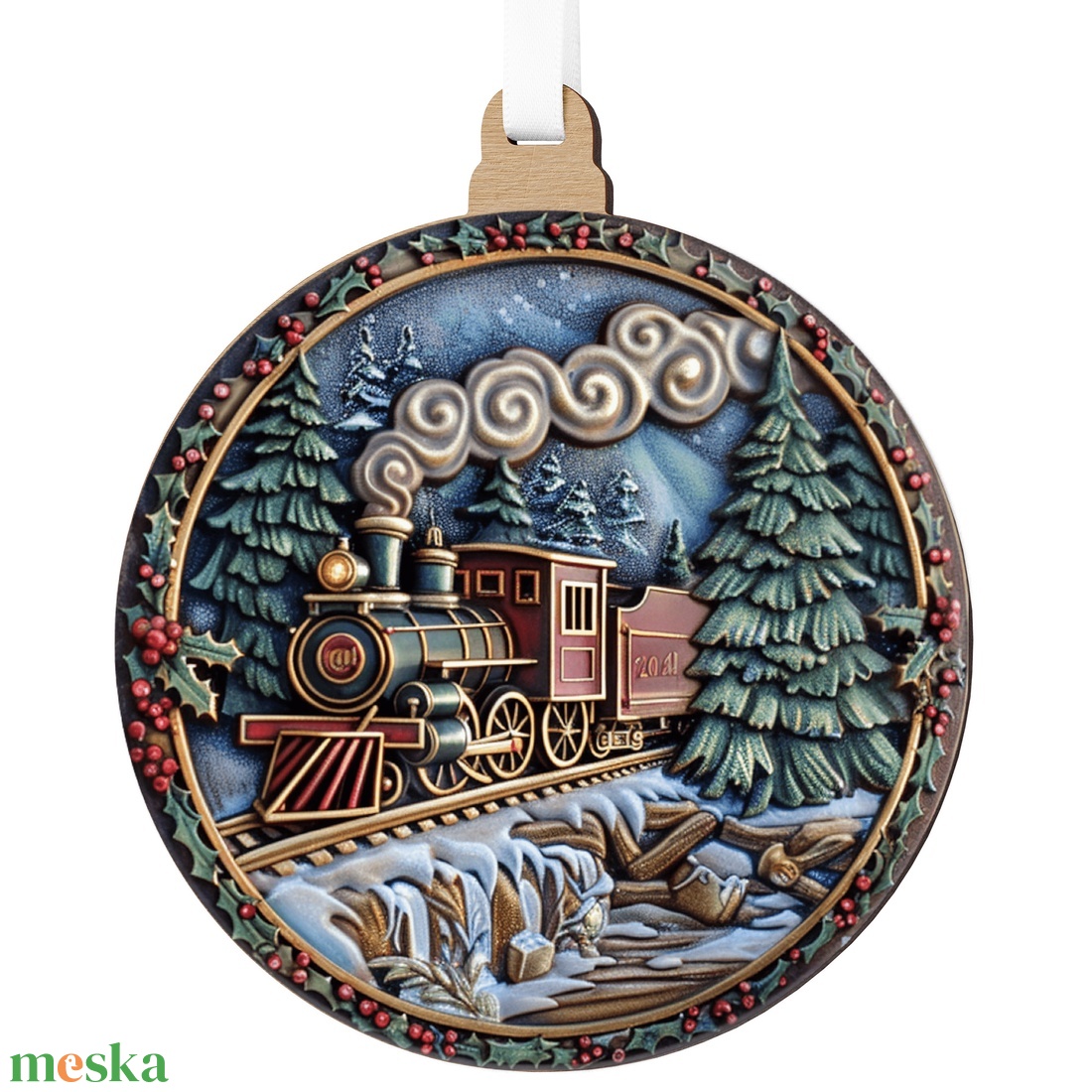 Vintage karácsonyfadísz gőzmozdonnyal és havas erdei tájjal - karácsony - karácsonyi lakásdekoráció - karácsonyi lakásdíszek - Meska.hu