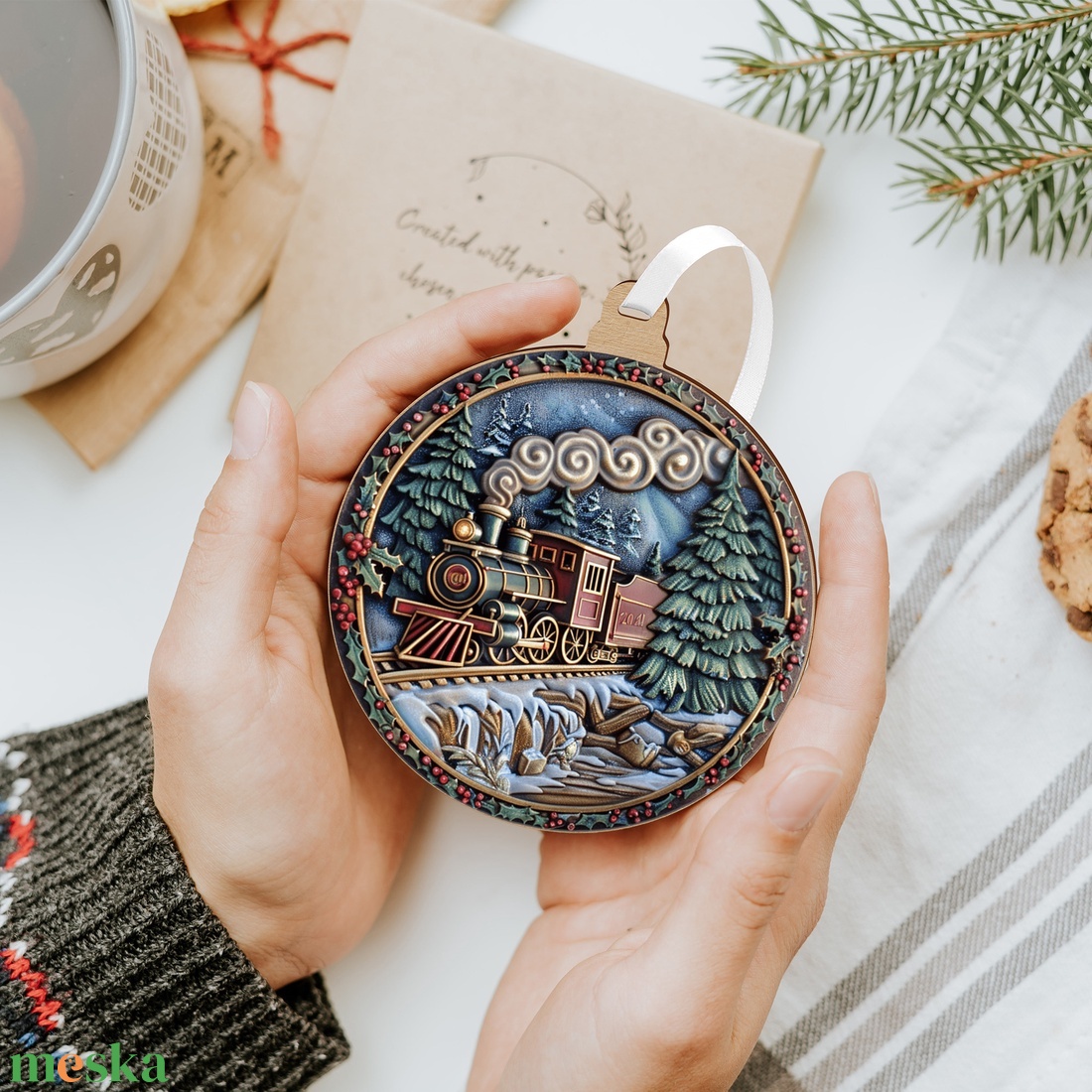 Vintage karácsonyfadísz gőzmozdonnyal és havas erdei tájjal - karácsony - karácsonyi lakásdekoráció - karácsonyi lakásdíszek - Meska.hu