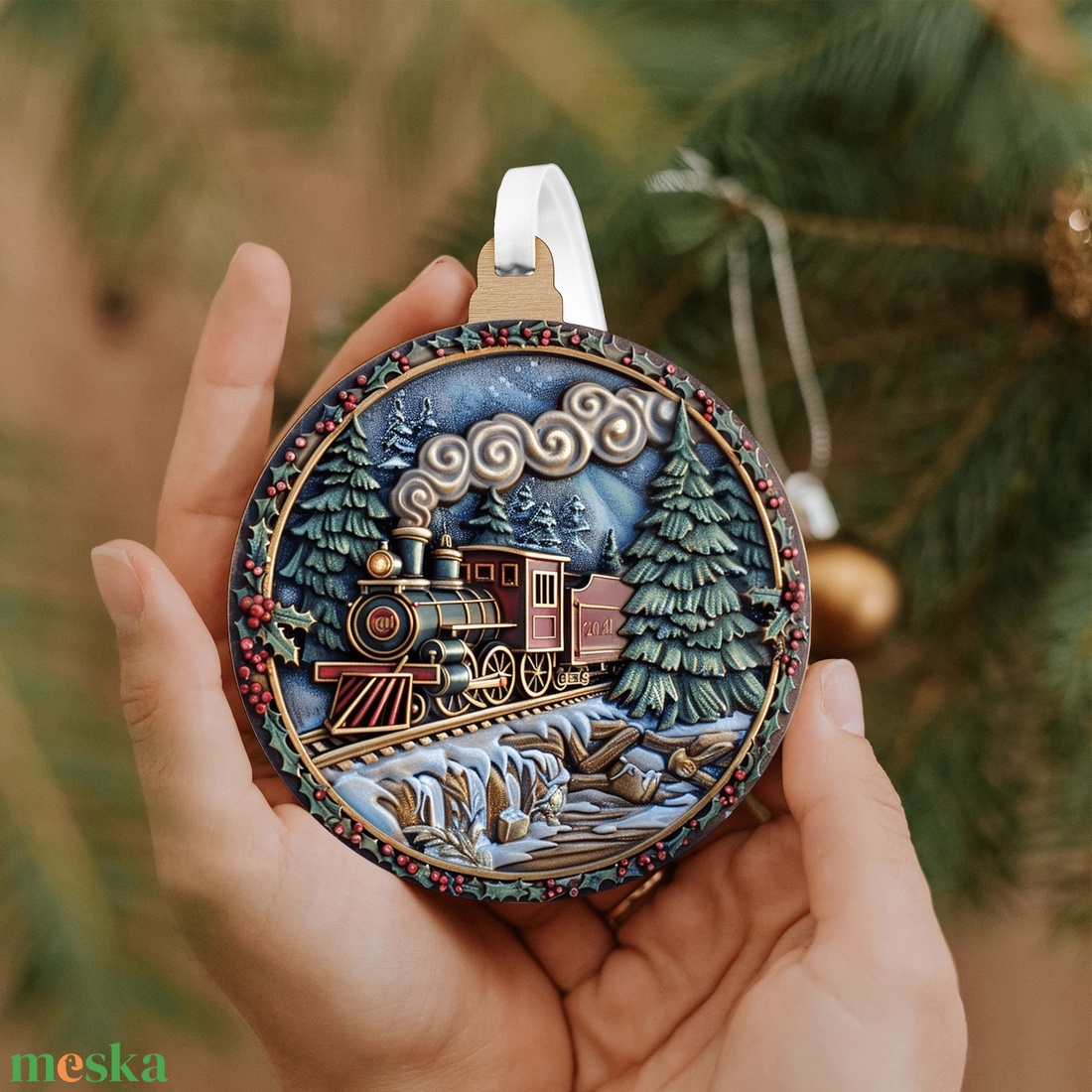 Vintage karácsonyfadísz gőzmozdonnyal és havas erdei tájjal - karácsony - karácsonyi lakásdekoráció - karácsonyi lakásdíszek - Meska.hu