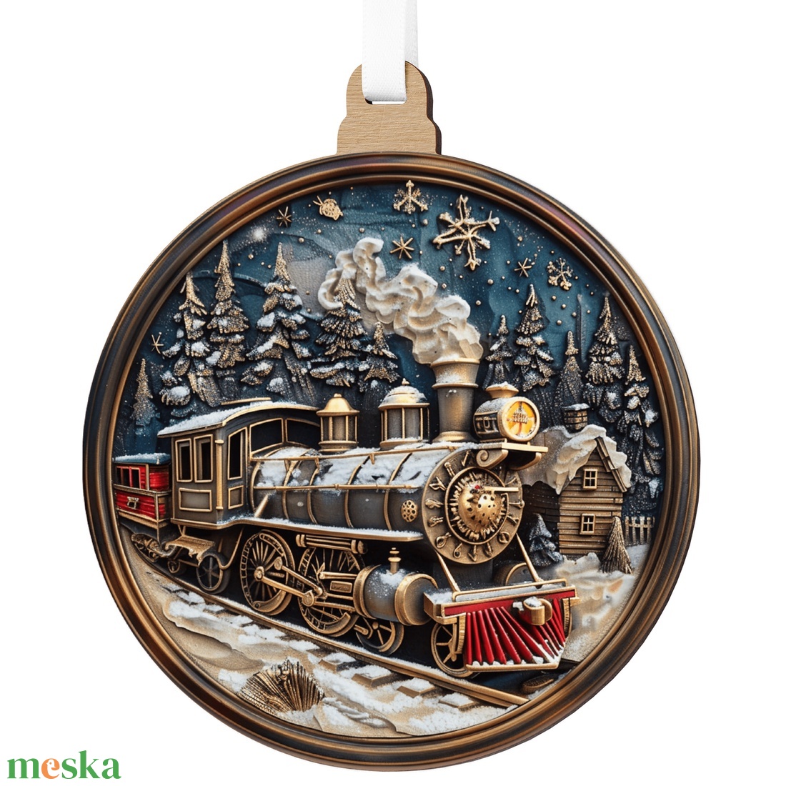 Havas karácsonyfadísz klasszikus gőzmozdonnyal és erdei házikóval - karácsony - karácsonyi lakásdekoráció - karácsonyfadíszek - Meska.hu