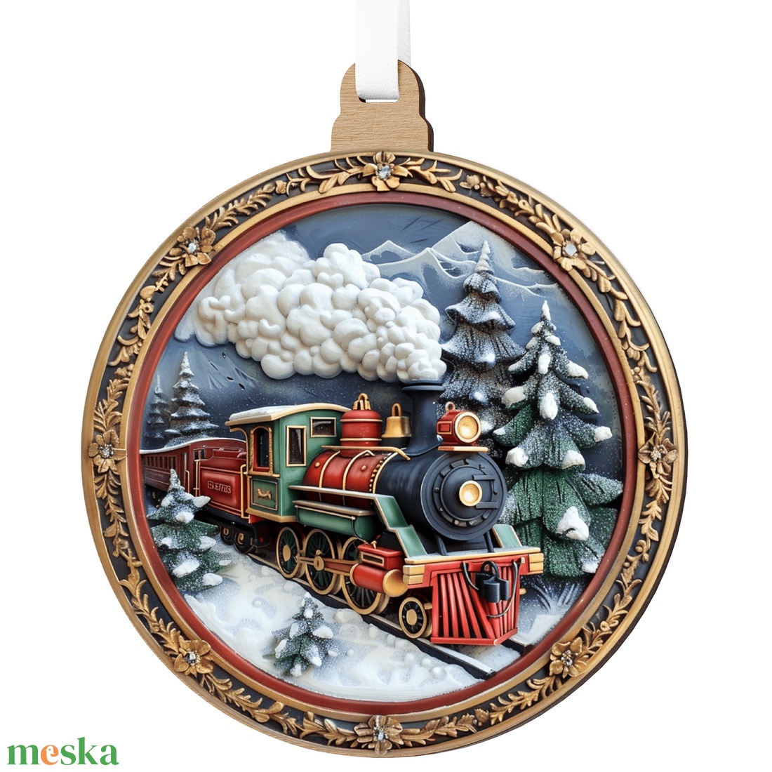 Téli karácsonyfadísz klasszikus piroszöld gőzmozdonnyal és havas fenyőkkel - karácsony - karácsonyi lakásdekoráció - karácsonyfadíszek - Meska.hu