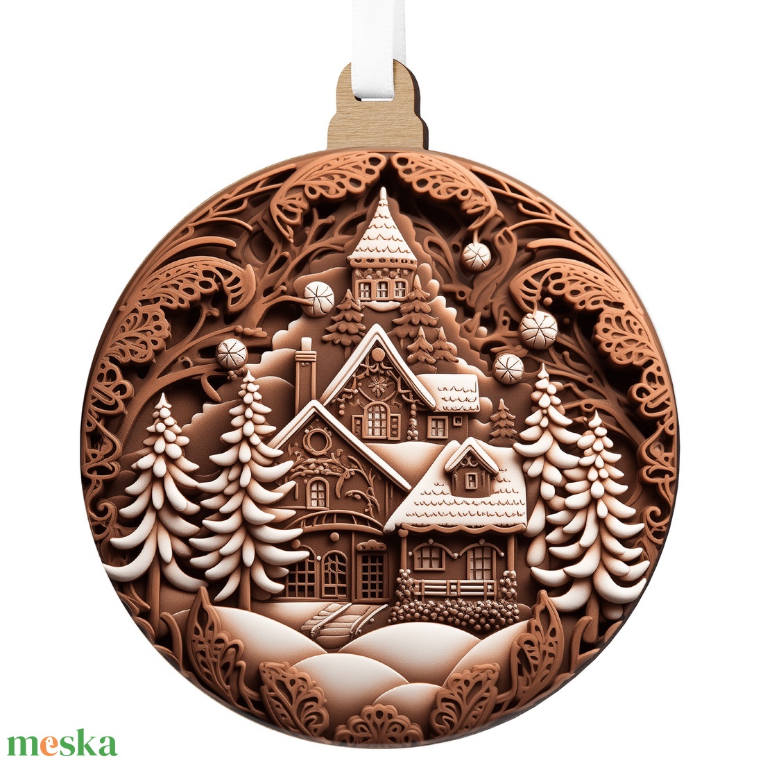 Mézeskalács hangulatú téli falucska karácsonyfadísz - karácsony - karácsonyi lakásdekoráció - karácsonyfadíszek - Meska.hu
