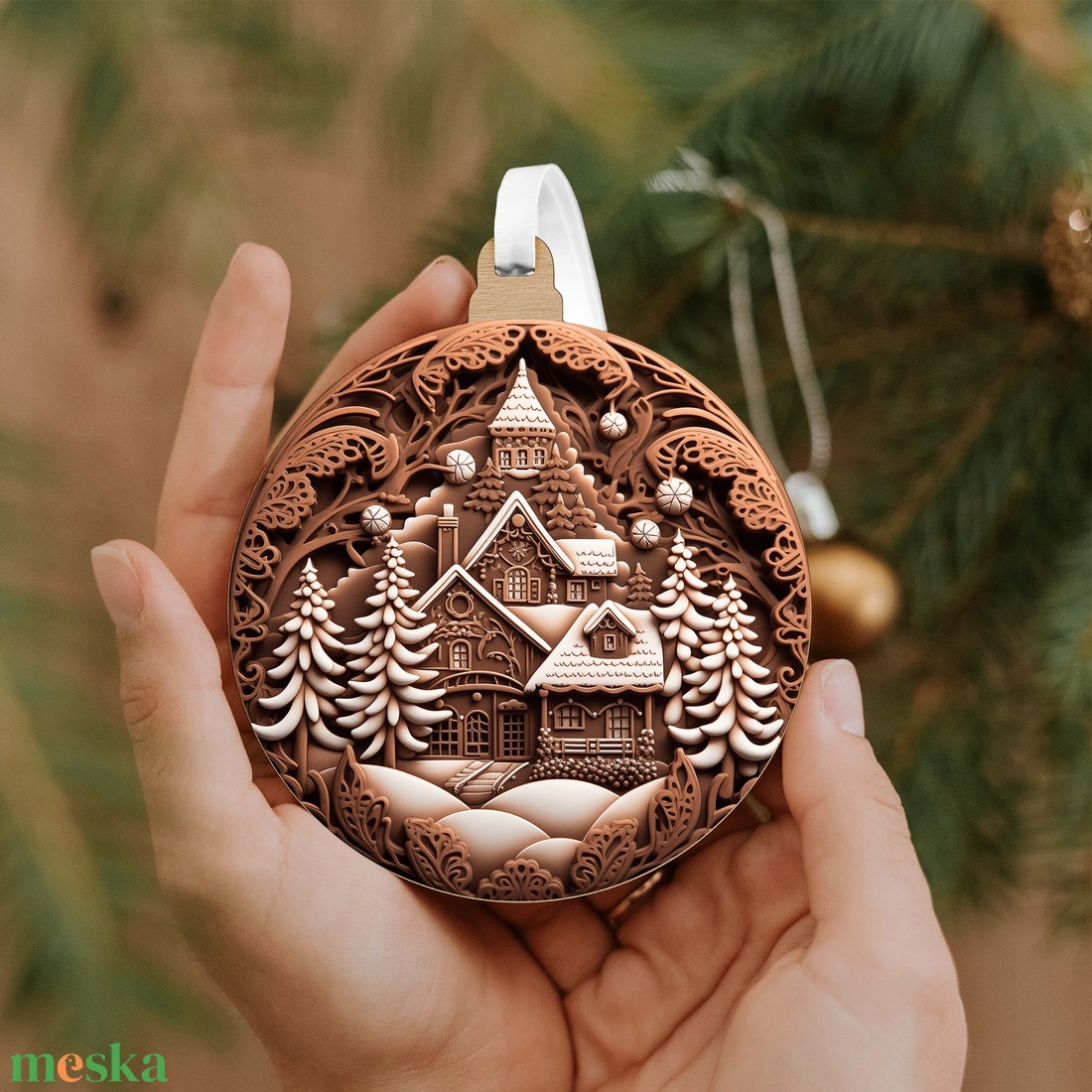 Mézeskalács hangulatú téli falucska karácsonyfadísz - karácsony - karácsonyi lakásdekoráció - karácsonyfadíszek - Meska.hu
