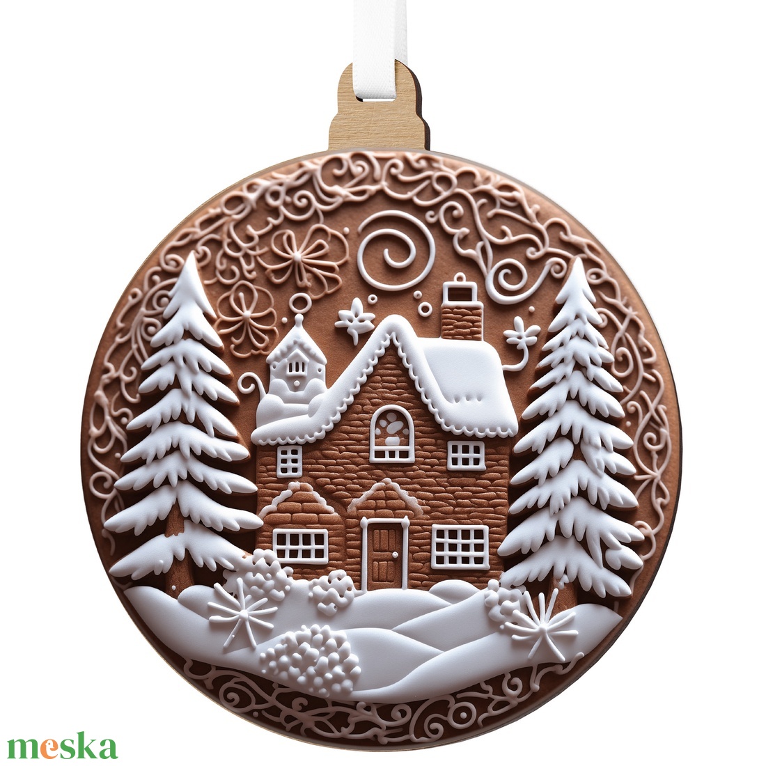 Mézeskalács házikó hófödte fenyőkkel karácsonyfadísz - karácsony - karácsonyi ajándékozás - karácsonyi képeslap, üdvözlőlap, ajándékkísérő - Meska.hu