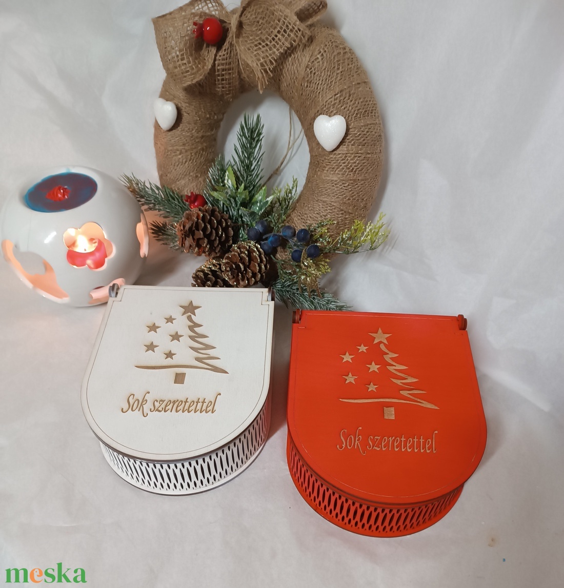 Gyertya csomag festett fa díszdobozban (több színben és illatban) - karácsony - karácsonyi lakásdekoráció - karácsonyi illatgyertya, mécses - Meska.hu