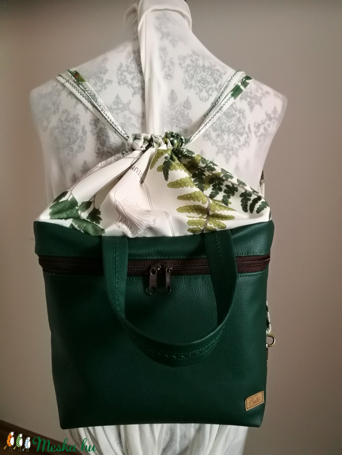 UTOLSÓ DARAB!!!,,MIMIKE zöld páfrányos vízhatlan táska kézben, hátizsákként -  - Meska.hu
