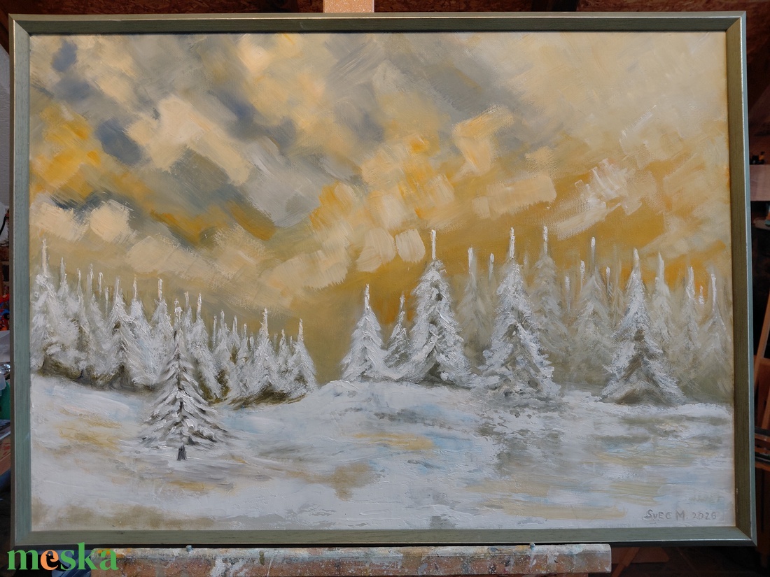 Téli csend a fenyvesben 70x50 - művészet - festmény - olajfestmény - Meska.hu