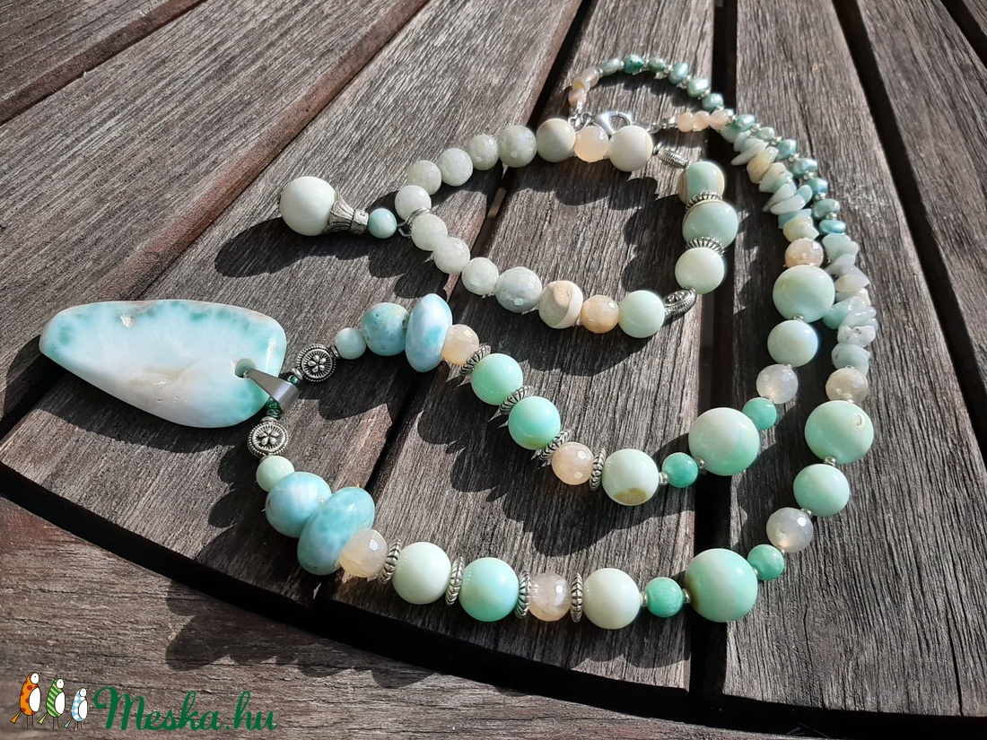 Larimar (Delfinkő, Atlantisz-kő) - Perui kékopál nyaklánc és karkötő szett - ékszer - ékszerszett - Meska.hu