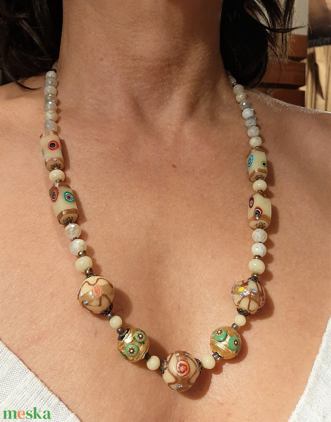 Antik muránói üveggyöngy-nyakék - vajszínű - ékszer - ékszerszett - Meska.hu