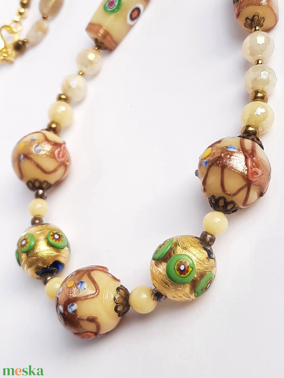 Antik muránói üveggyöngy-nyakék - vajszínű - ékszer - ékszerszett - Meska.hu