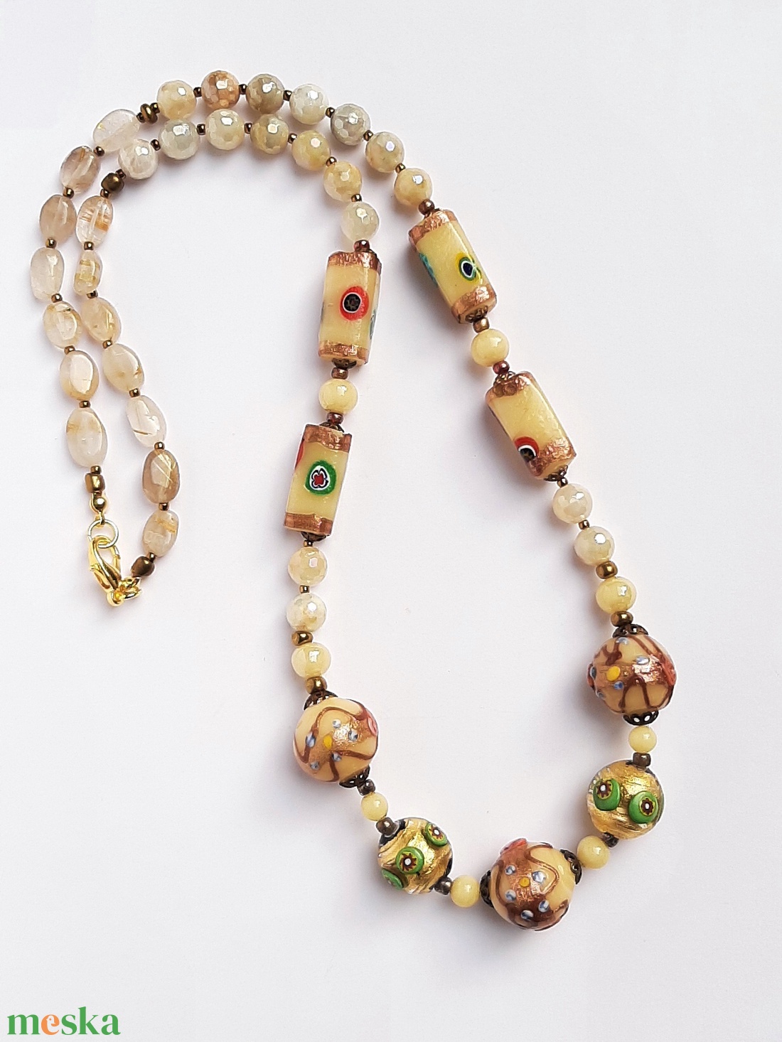 Antik muránói üveggyöngy-nyakék - vajszínű - ékszer - ékszerszett - Meska.hu