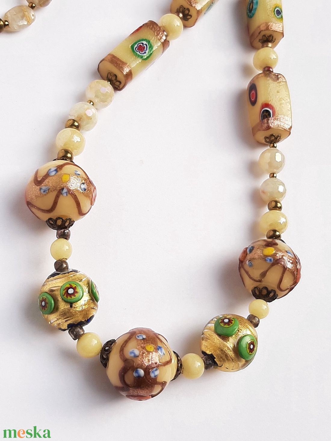 Antik muránói üveggyöngy-nyakék - vajszínű - ékszer - ékszerszett - Meska.hu