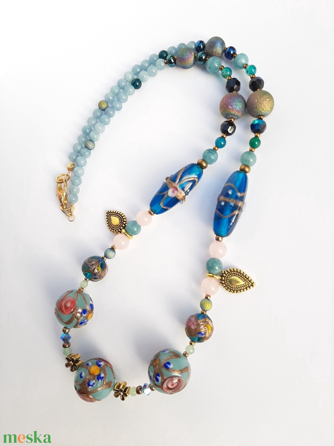 Antik muránói üveggyöngy-nyakék - világoskék - ékszer - nyaklánc - gyöngyös nyaklánc - Meska.hu
