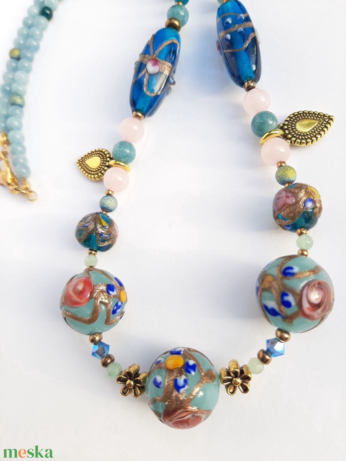 Antik muránói üveggyöngy-nyakék - világoskék - ékszer - nyaklánc - gyöngyös nyaklánc - Meska.hu