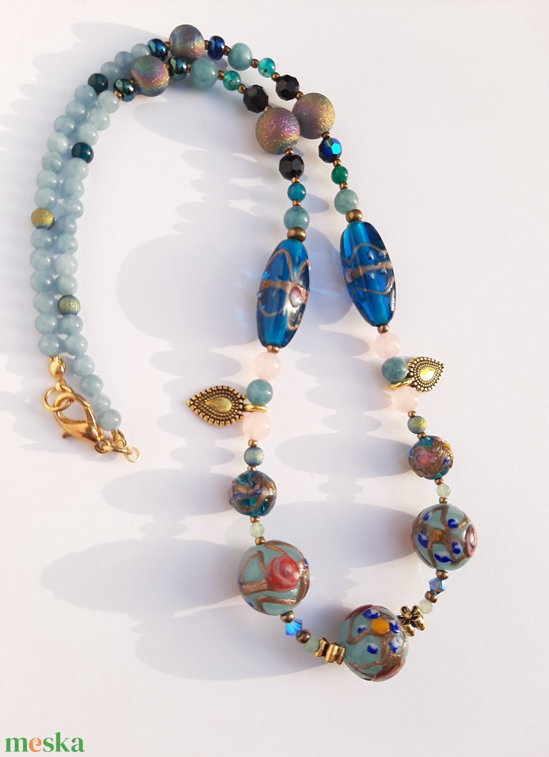 Antik muránói üveggyöngy-nyakék - világoskék - ékszer - nyaklánc - gyöngyös nyaklánc - Meska.hu