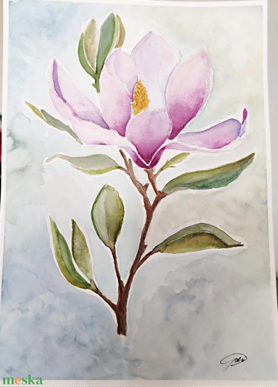 Nyíló magnólia � eredeti akvarell festmény A/4, virágos falikép, botanikai dekor - művészet - festmény - akvarell - Meska.hu