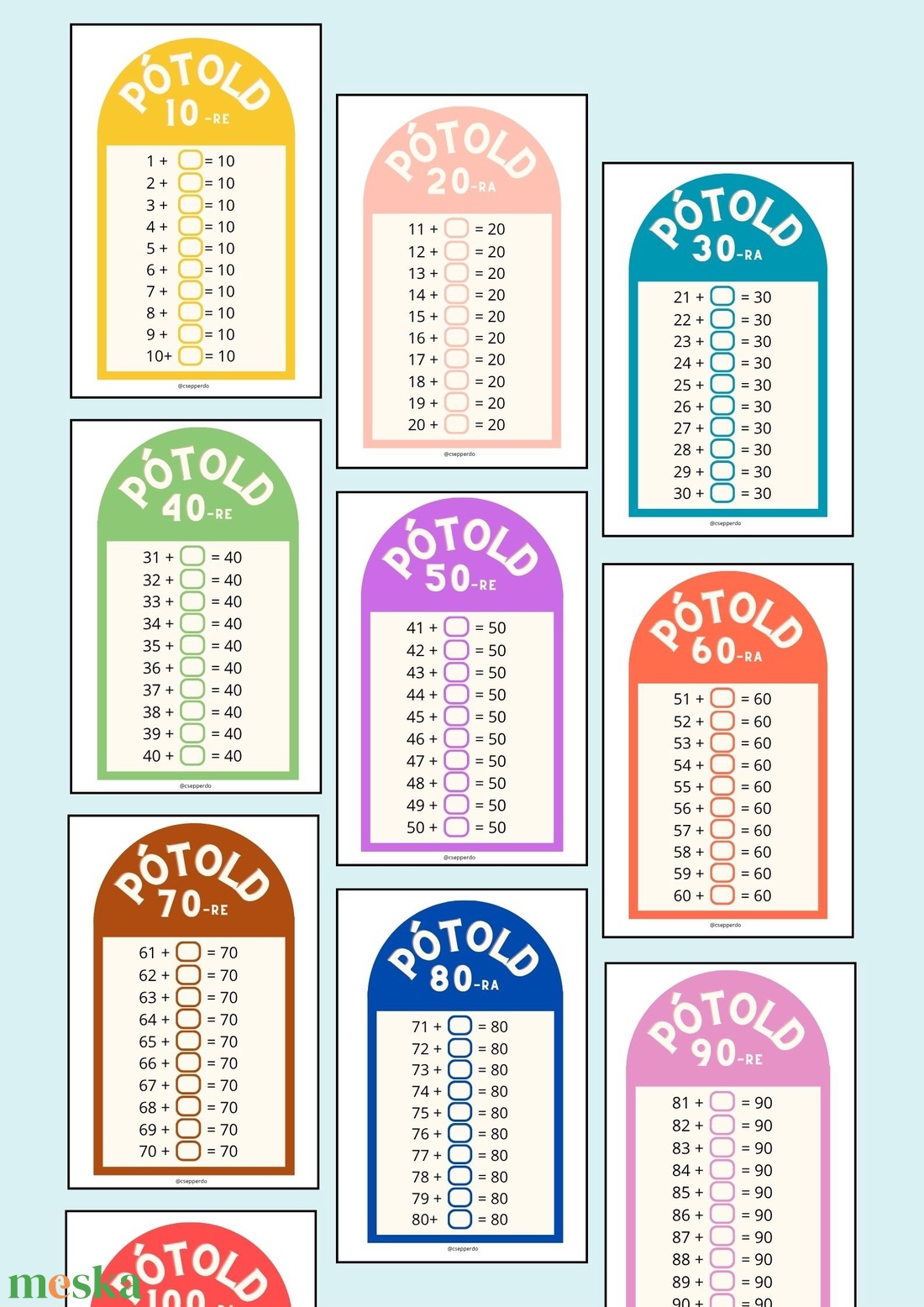 10-esekre pótlás 100-as számkörben feladatlapcsomag - játék & sport - készségfejlesztő és logikai játék - oktató játékok - Meska.hu