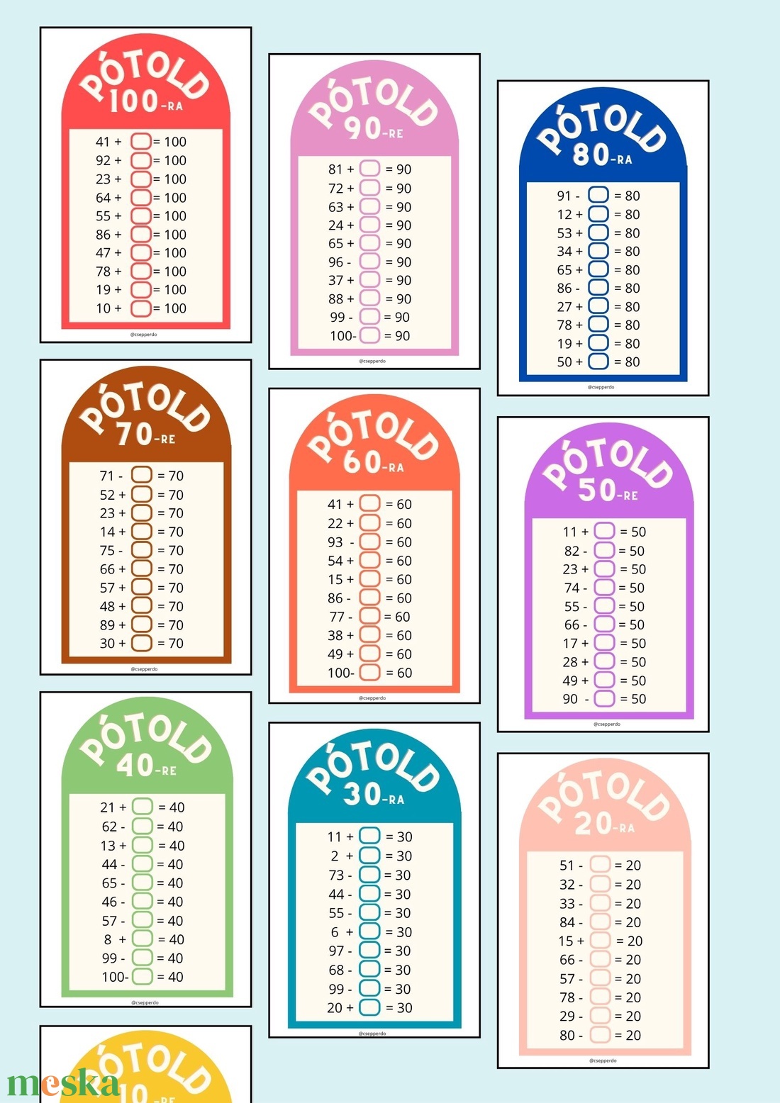 10-esekre pótlás 100-as számkörben feladatlapcsomag - játék & sport - készségfejlesztő és logikai játék - oktató játékok - Meska.hu