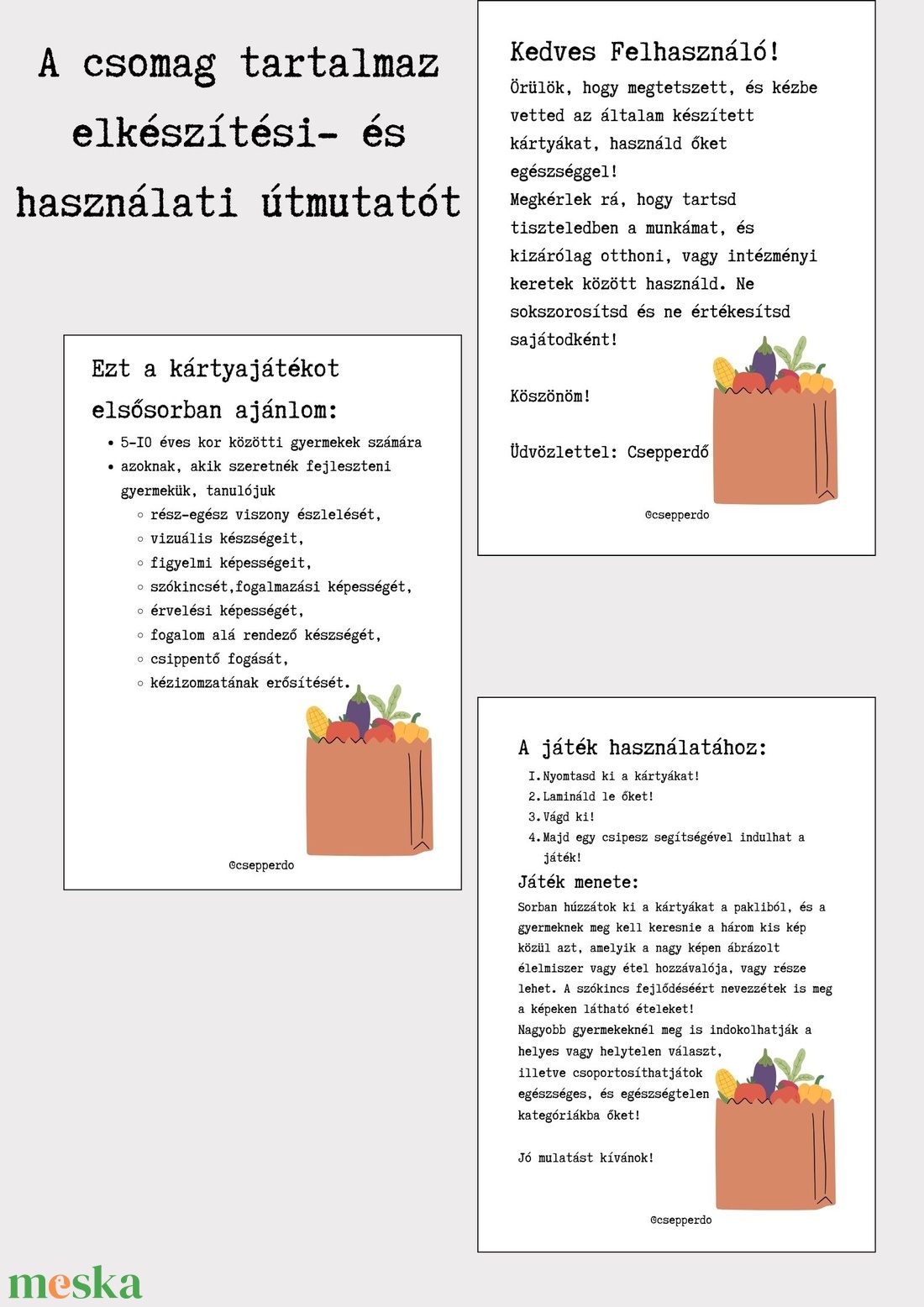 Élelmiszerek - csipeszes kártyajáték csomag  - játék & sport - készségfejlesztő és logikai játék - oktató játékok - Meska.hu