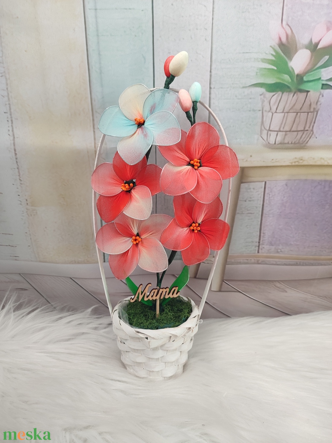 Anyáknapi harisnya virág kosár -Mama felirattal  - otthon & életmód - virágdekoráció - virágdíszek - virágdísz kaspóban - Meska.hu