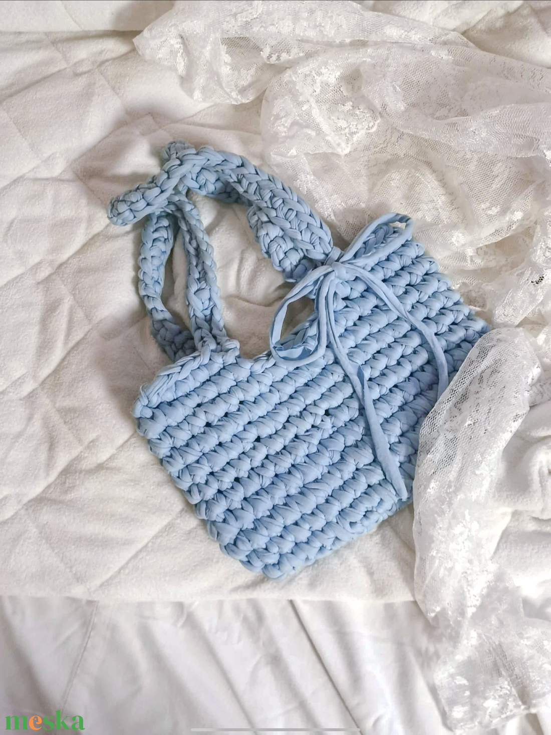 Kézzel horgolt világoskék táska - táska & tok - kézitáska & válltáska - válltáska - Meska.hu