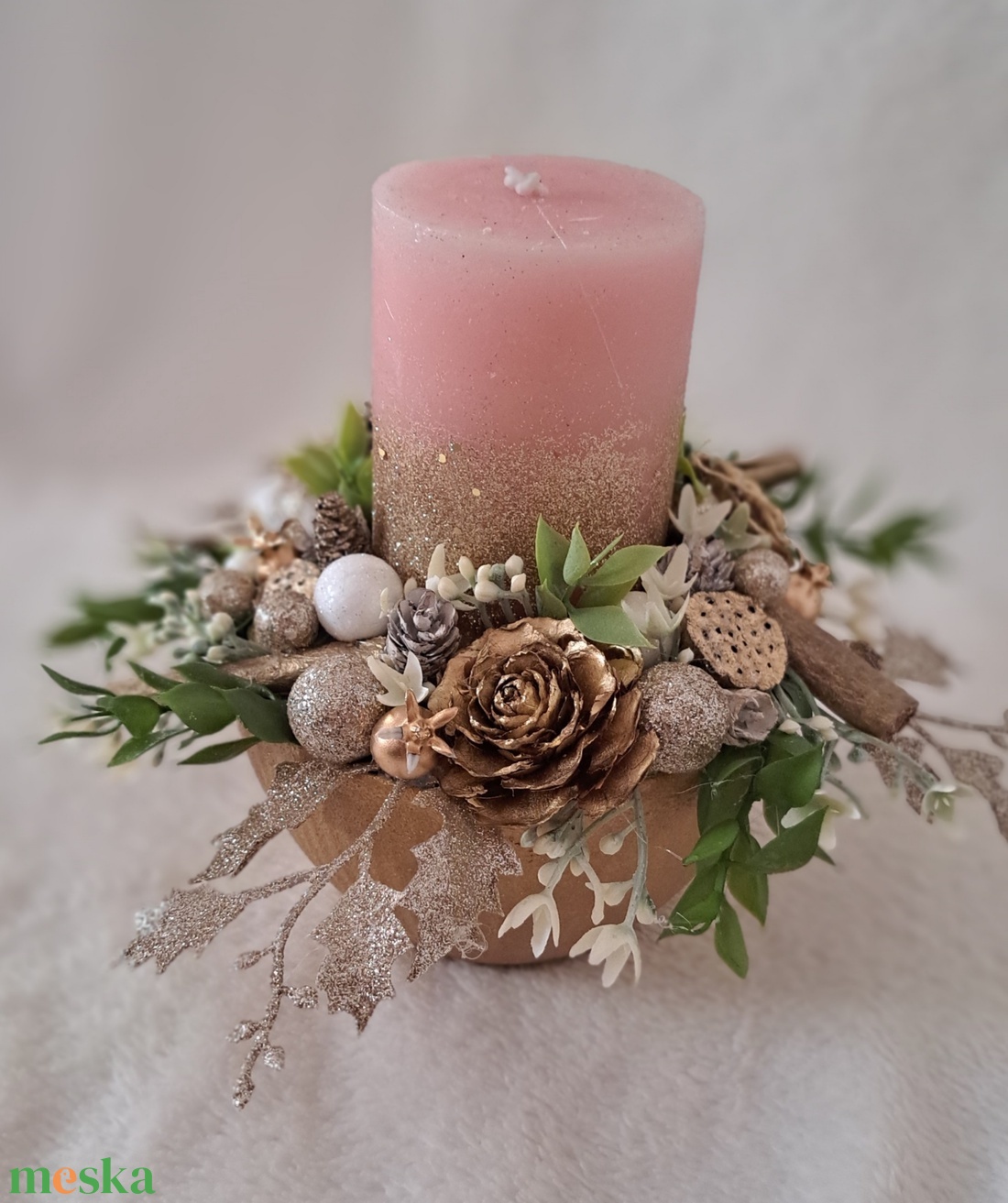 Adventi gyertyás dísz rószaszín-arany - karácsony - adventi díszek - adventi asztaldísz - Meska.hu