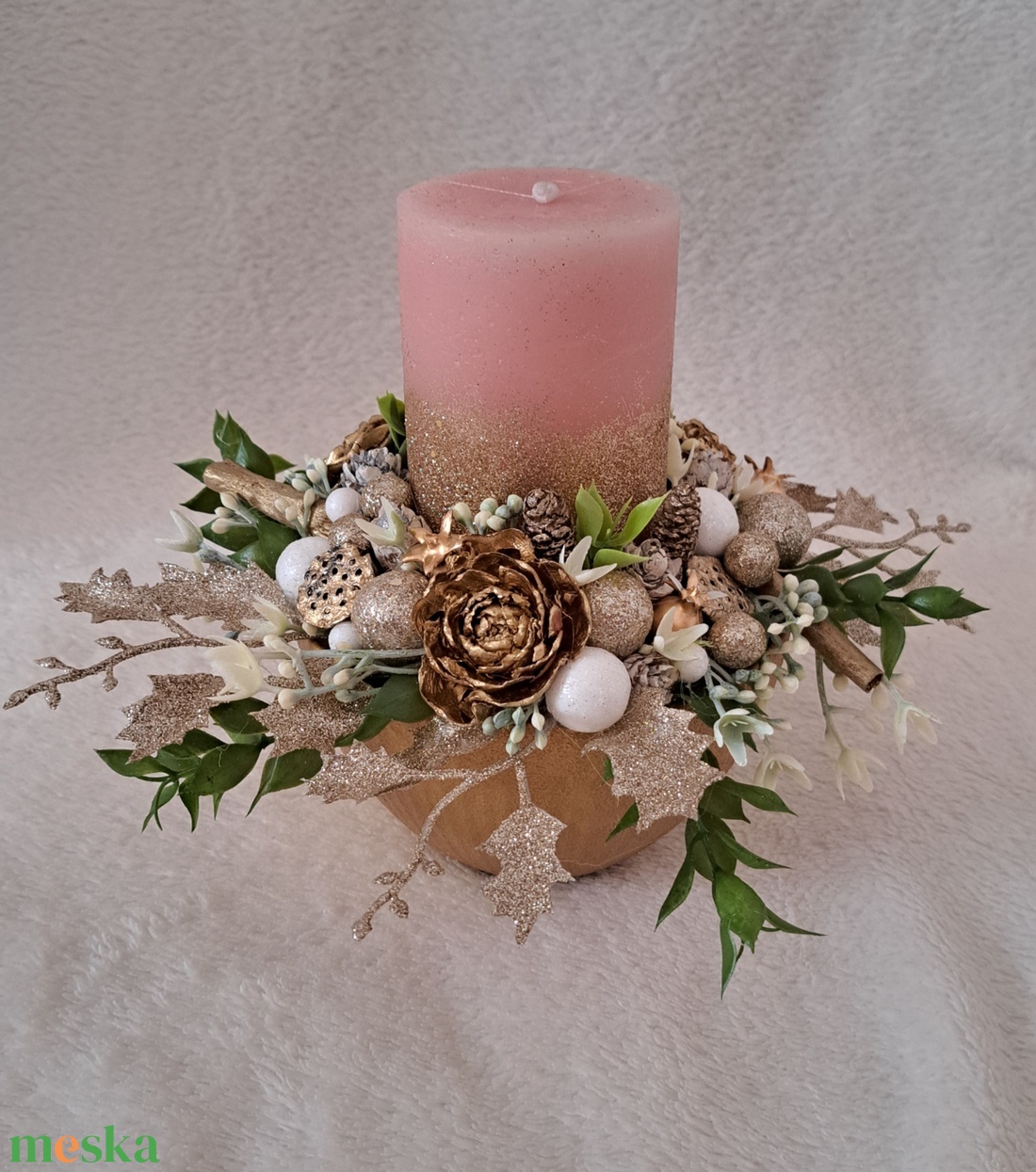 Adventi gyertyás dísz rószaszín-arany - karácsony - adventi díszek - adventi asztaldísz - Meska.hu
