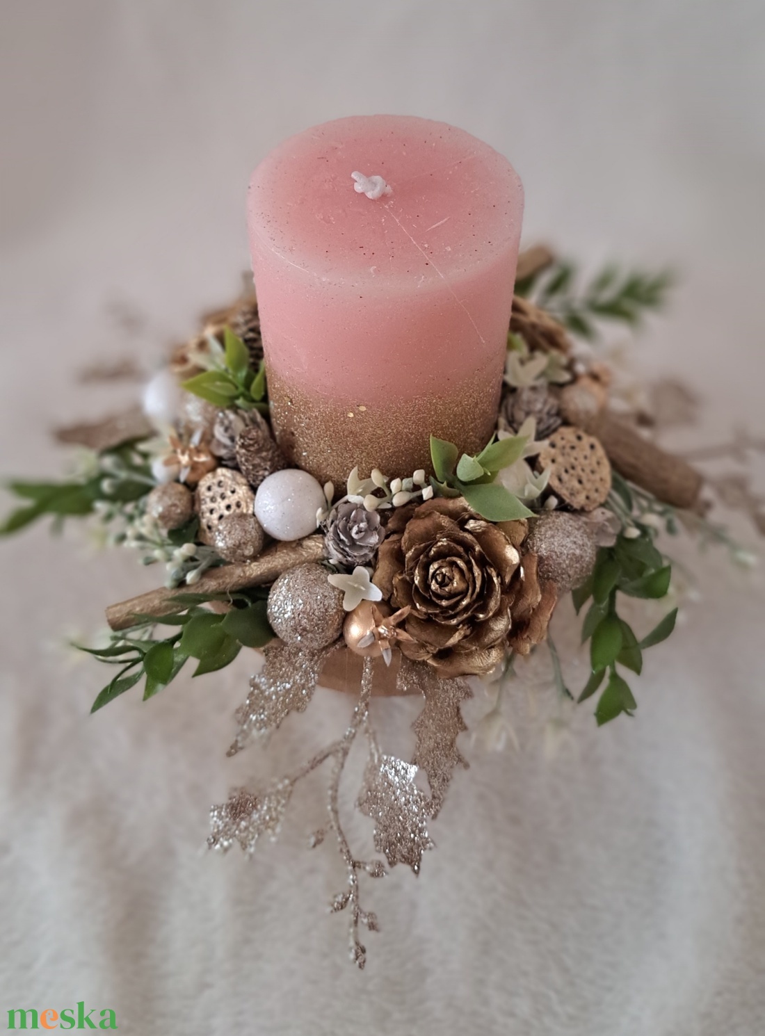 Adventi gyertyás dísz rószaszín-arany - karácsony - adventi díszek - adventi asztaldísz - Meska.hu