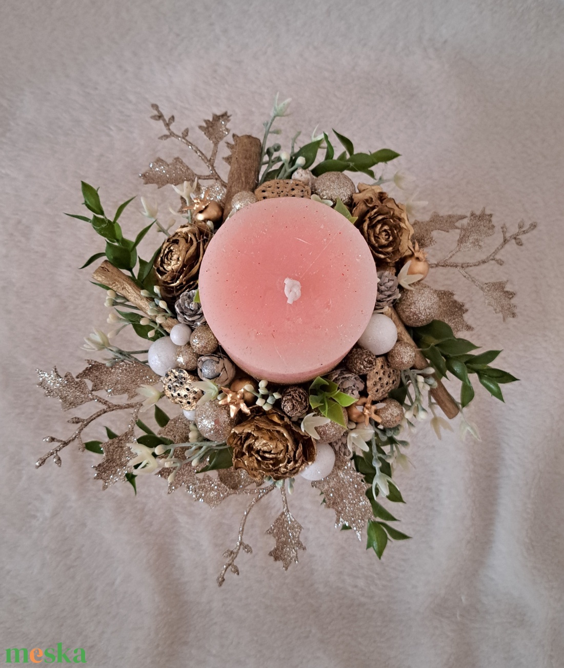 Adventi gyertyás dísz rószaszín-arany - karácsony - adventi díszek - adventi asztaldísz - Meska.hu