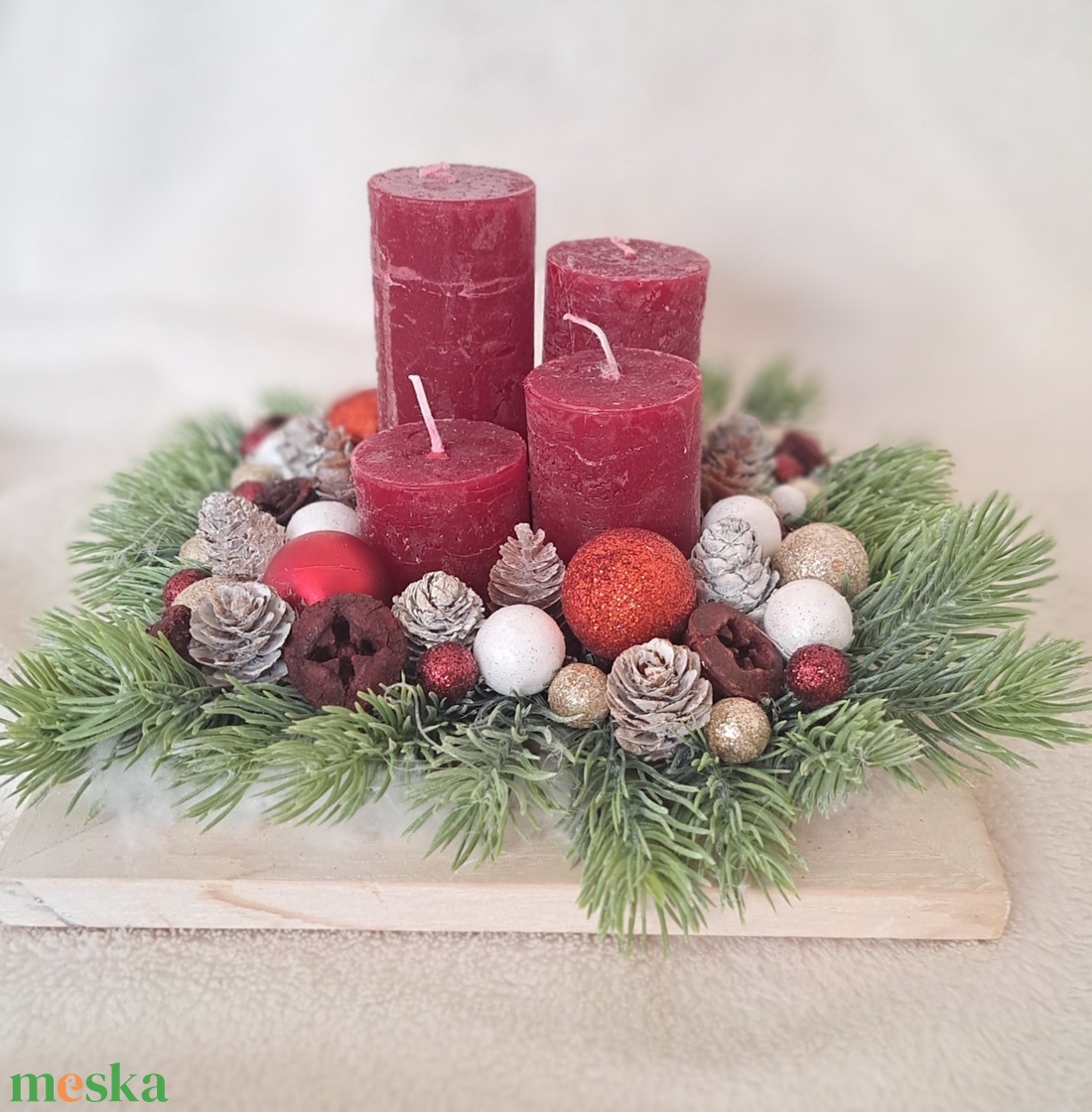 Adventi asztaldísz bordó-fenyő - karácsony - adventi díszek - adventi asztaldísz - Meska.hu