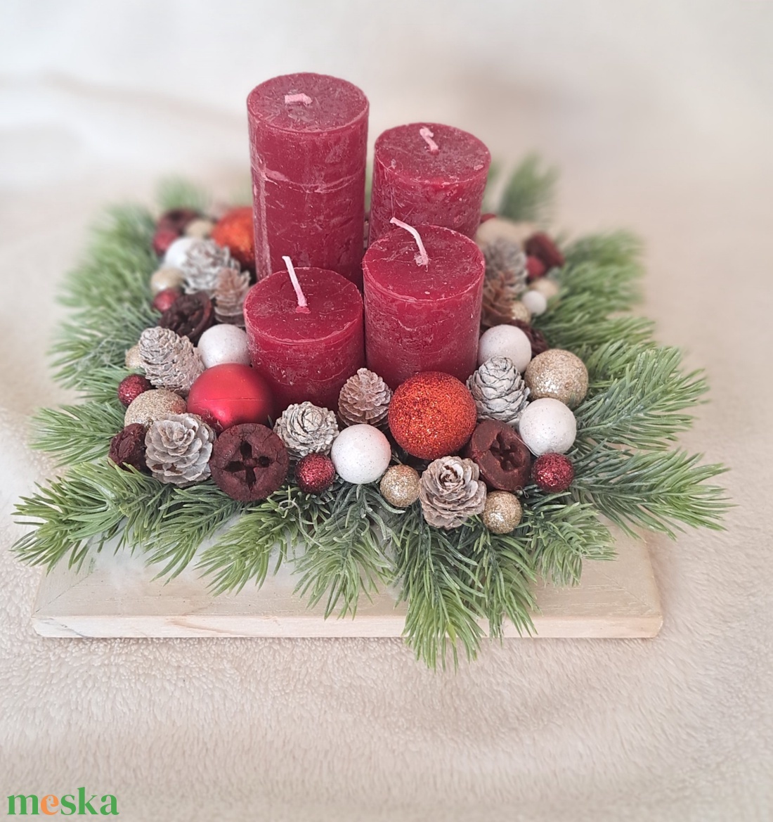 Adventi asztaldísz bordó-fenyő - karácsony - adventi díszek - adventi asztaldísz - Meska.hu