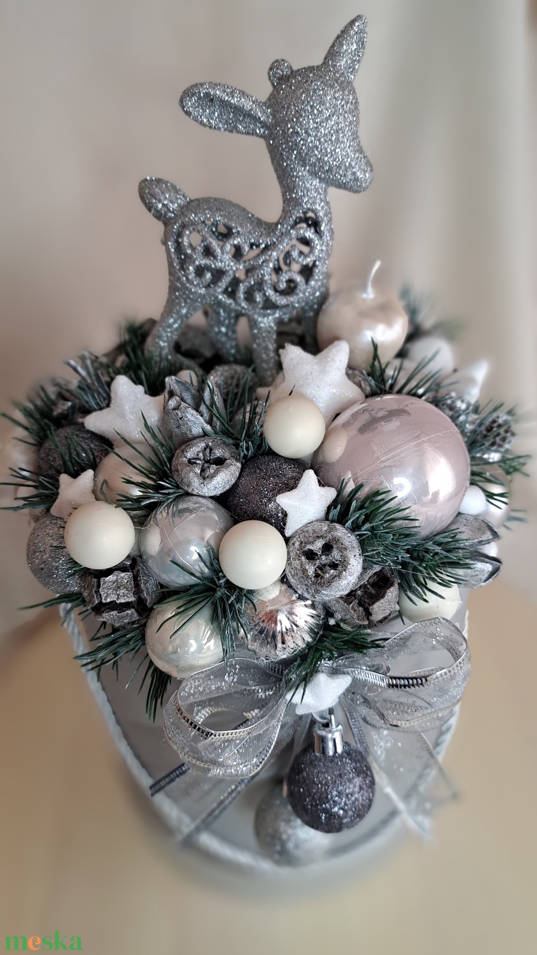 Adventi csillogó ezüst őzikés asztaldísz - karácsony - adventi díszek - adventi asztaldísz - Meska.hu