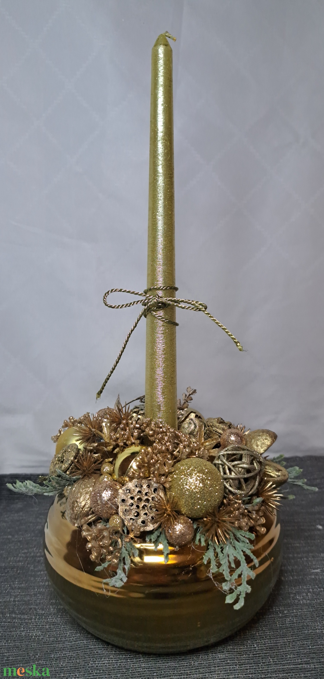 Adventi gyertyás asztaldísz metál arany kaspóban - karácsony - adventi díszek - adventi asztaldísz - Meska.hu
