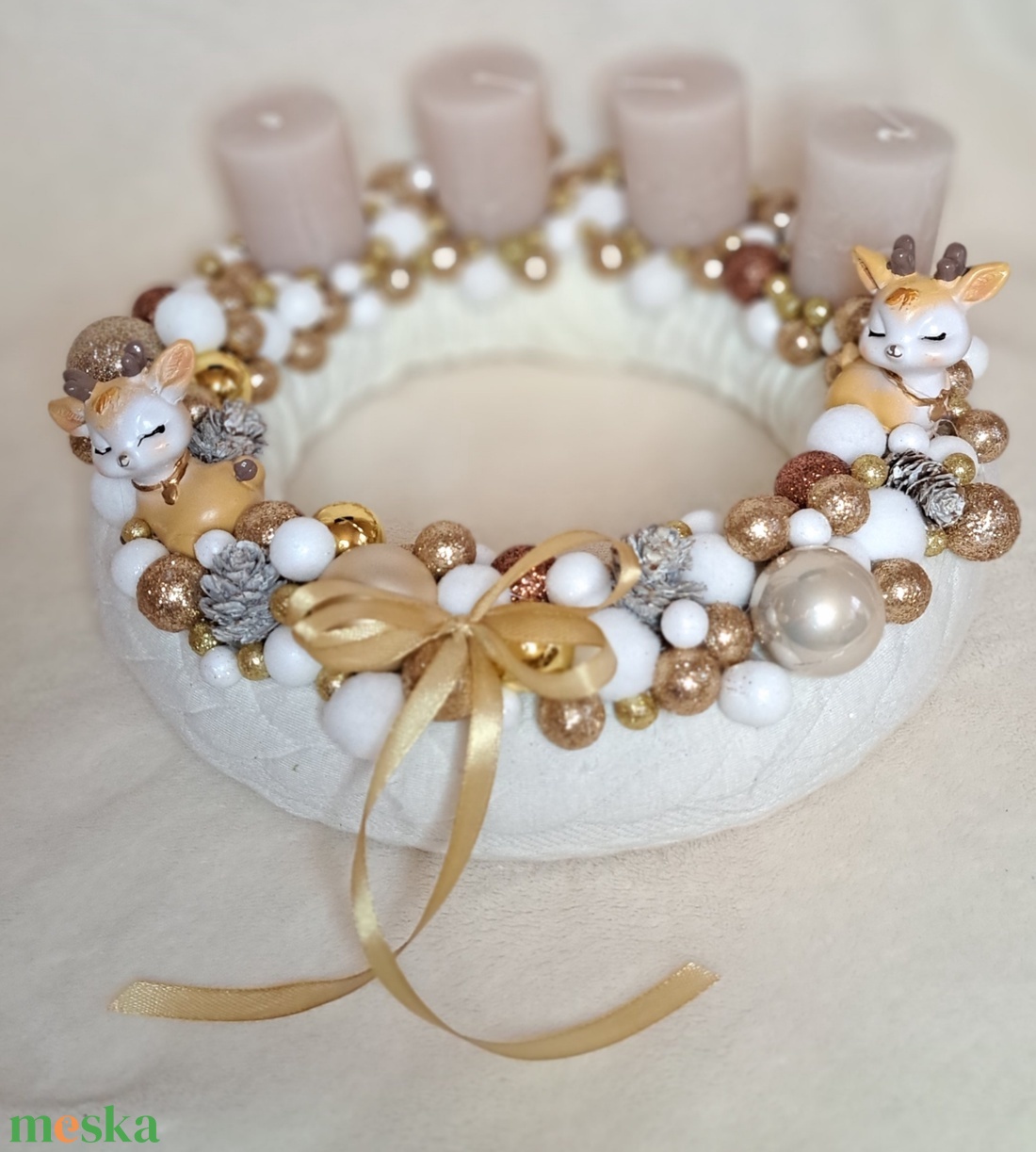 Adventi gyertyás koszorú asztaldísz őzikékkel gömbökkel - karácsony - adventi díszek - adventi asztaldísz - Meska.hu